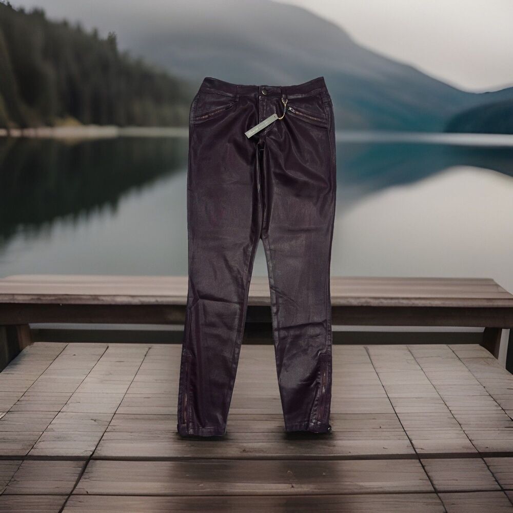 Level 99 Skinny Pants 25 (26x28) Plum Vegan Leather Stretch Ankle Zip Womens New